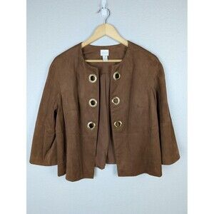 Chico's Jacket Womens Petite 1 Brown Open Front Gold Grommet 3/4 Sleeve